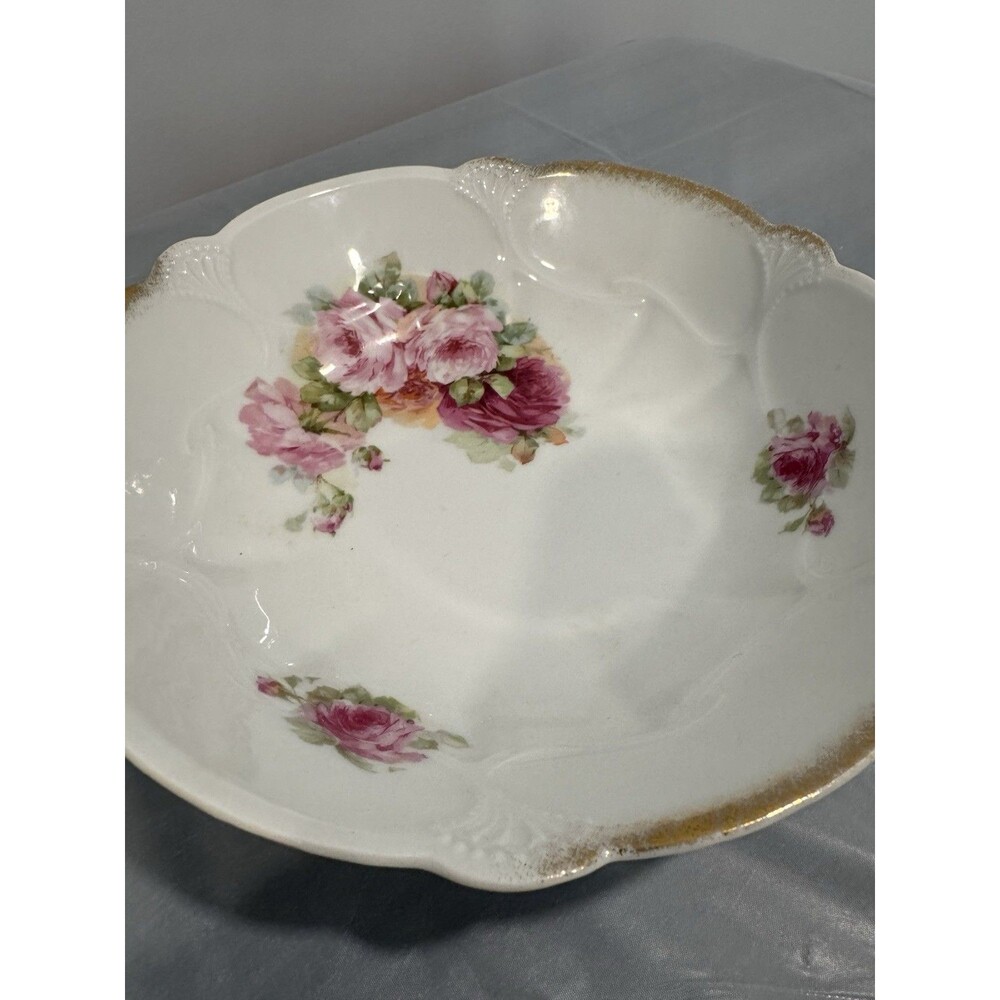 Vintage Floral Serving Bowl Pink Roses Gold Gilt Rim Scalloped